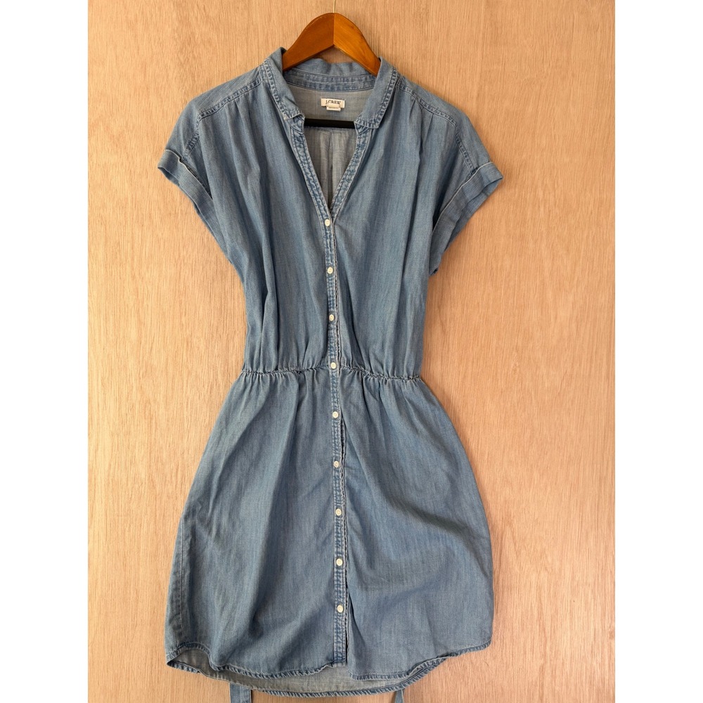 J. Crew Womens Small Blue Chambray Button Down Shirt Dress Short Sleeve Belted
